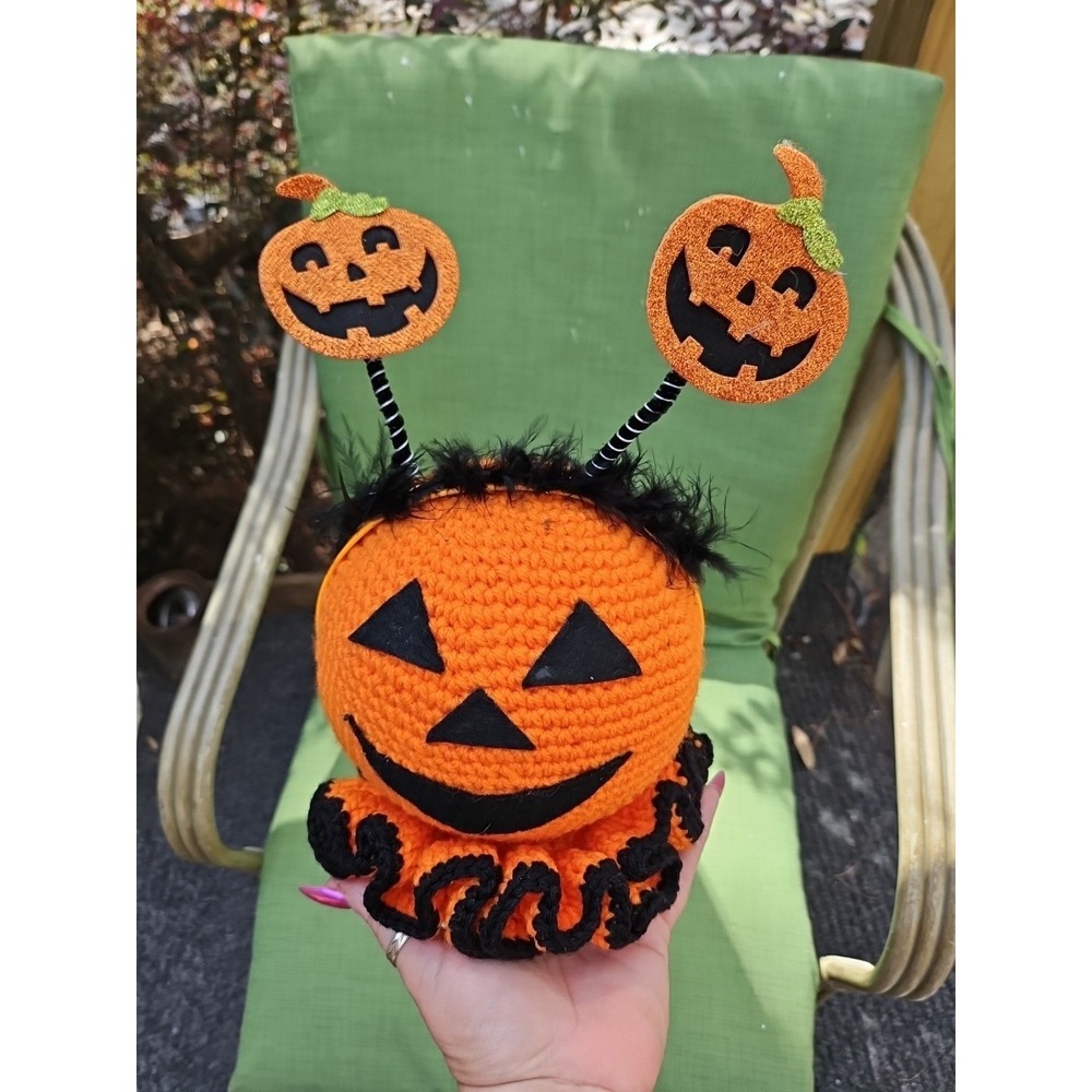 Vintage Halloween Pumpkin Crocheted Jack O'Lantern & Monster Ghost Witch 11"
